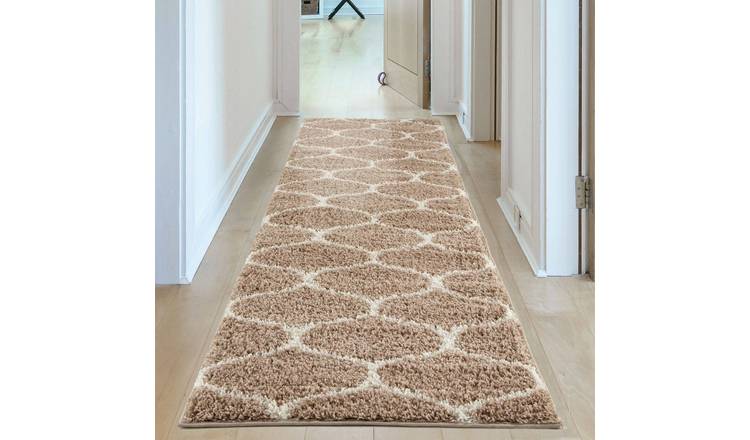 The Rugs Beige Moroccan Shaggy Trellis Runner Rug - 80 x 300cm