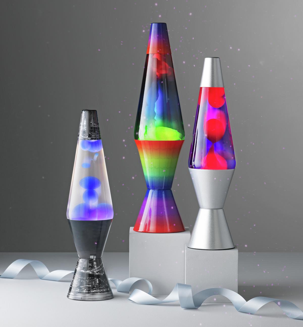 A group of 3 different lava lamps.