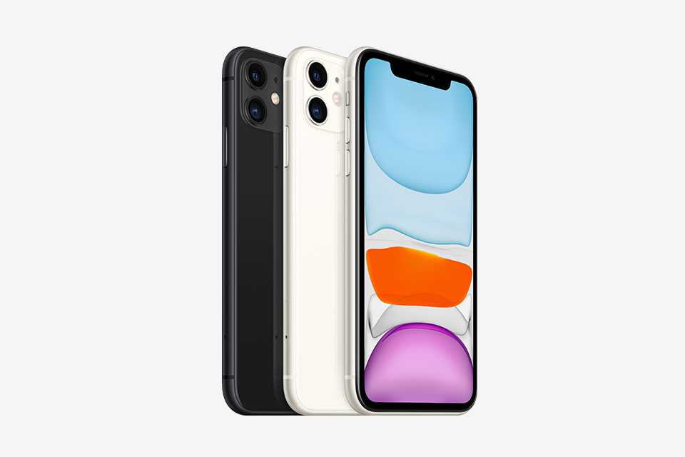White and black models of the Apple iPhone 11 stood next to each other.