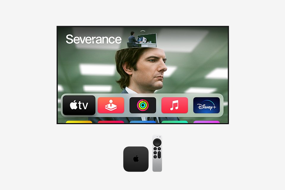 Apple TV 4K shown with a TV, displaying the Apple TV+ show Severance and an assortment of apps that include: Apple TV+, Apple Music, Find My, Apple Arcade, and Disney+.