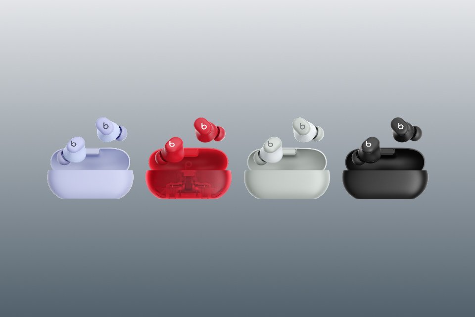 Beats Solo buds in Arctic Purple, Transparent Red, Storm Gray, and Matte Black.
