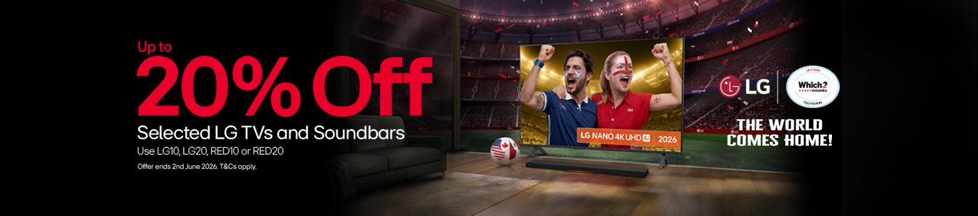 LG. Up to 20% off. Selected LG TVs and soundbars. Use LG10, LG20, RED10 OR RED20.