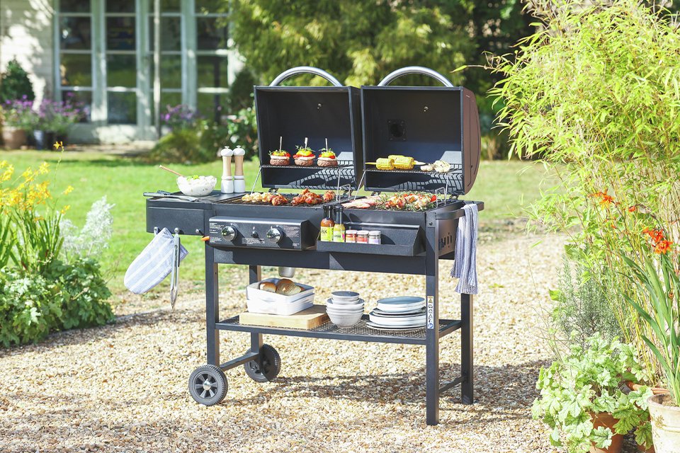 double bbq grilling food in garden