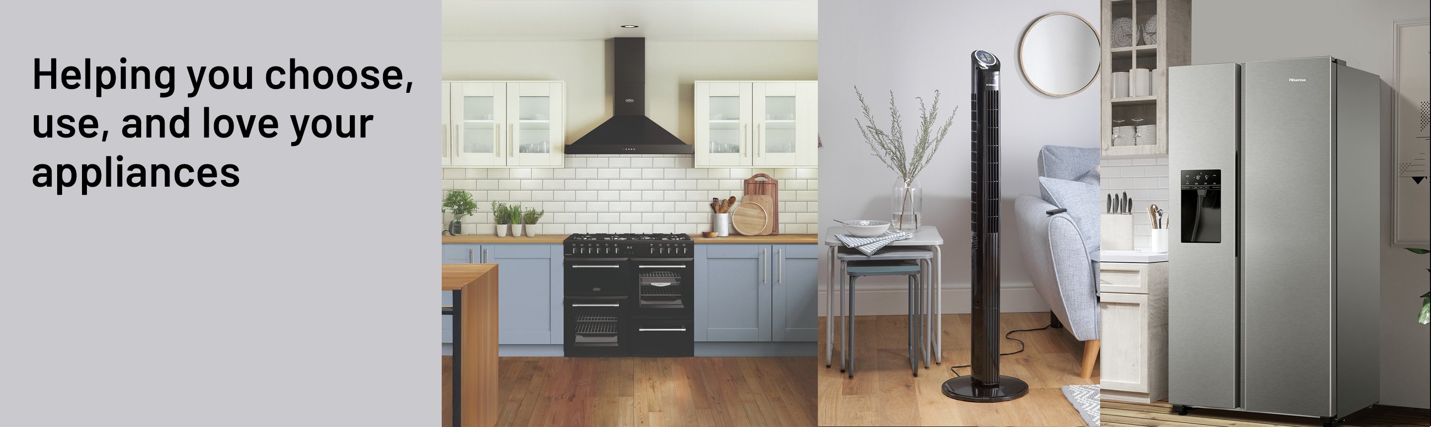 A collage of various products in lifestyle setup including a black tower fan, a Hisense American fridge freezer in silver colour, and a Belling double oven dual fuel cooker.