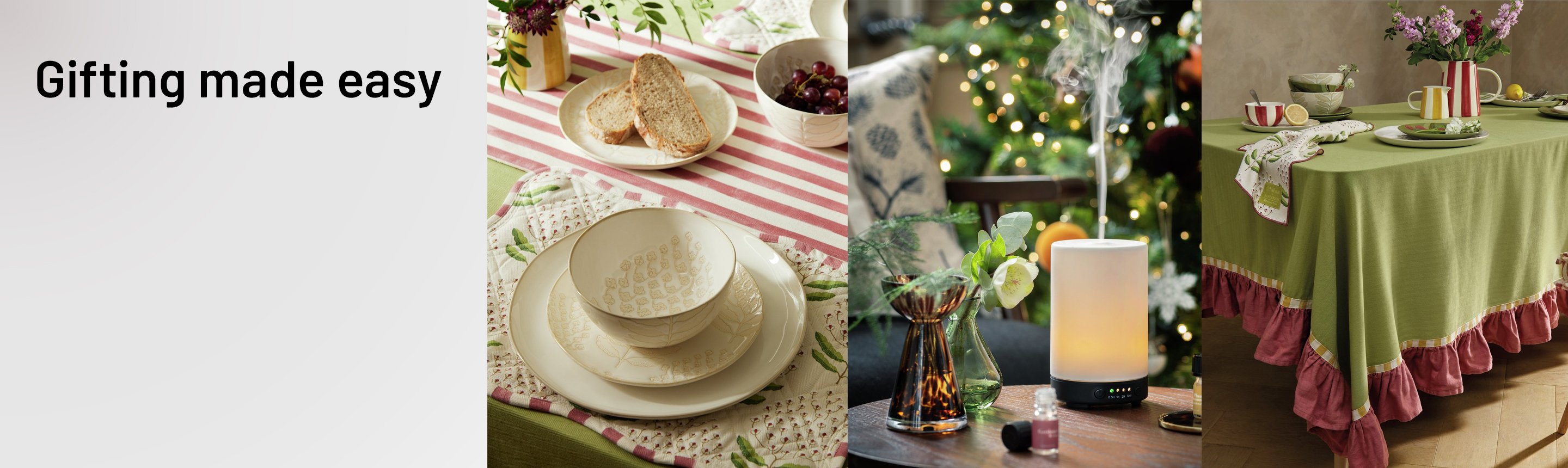 An image collage with different gifting options such as a candle, diffuser and tableware.