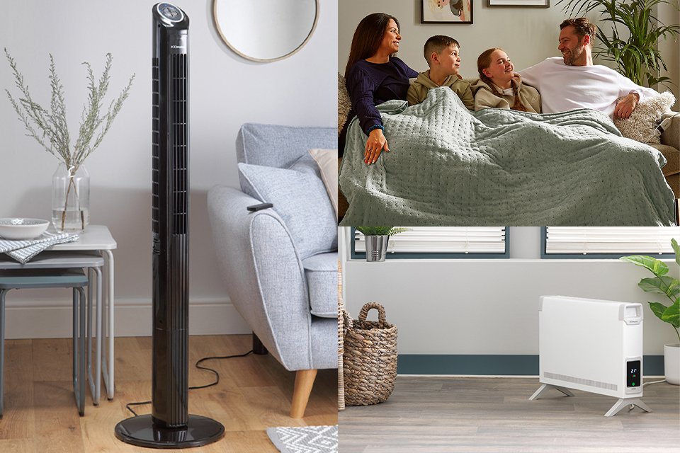 An image collage of a fan, a family covered in an electric blanket and an electric heater.