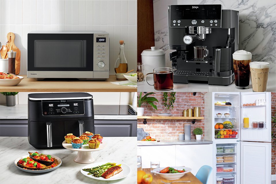 An image collage of a microwave, coffee machine, an air fryer, and a fridge freezer in a kitchen.