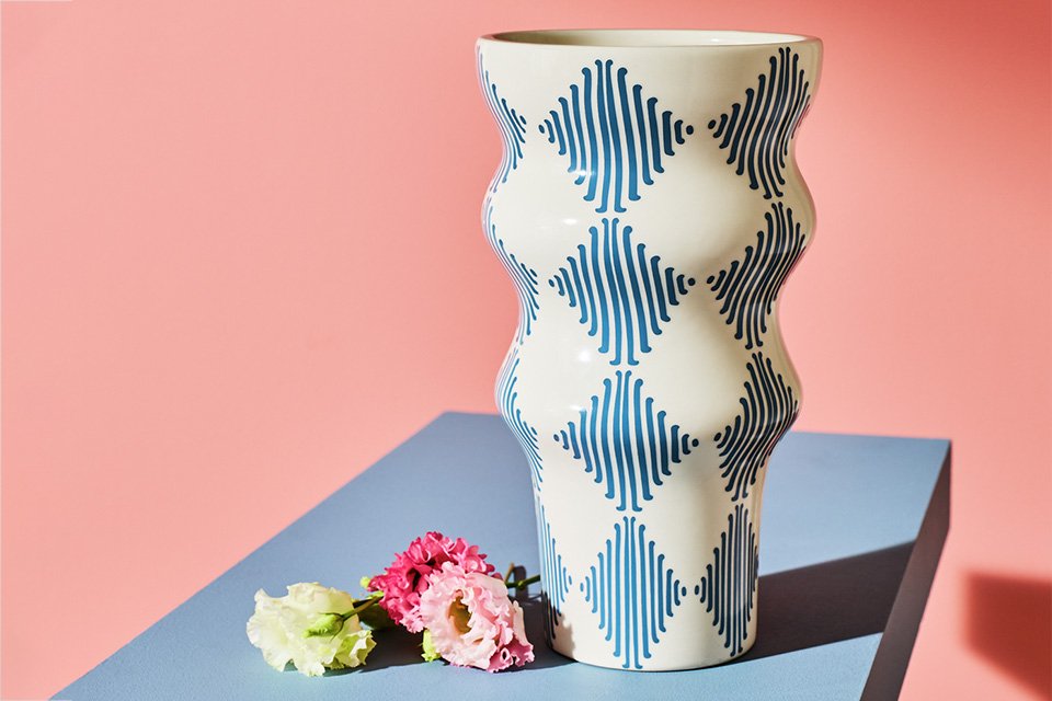 Habitat Harlequin Ceramic Blue Flared Vase.