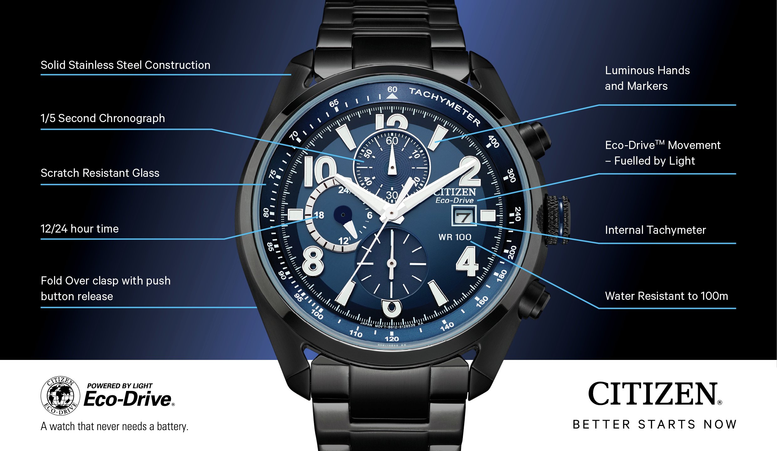 citizen men's blue dial stainless steel bracelet watch