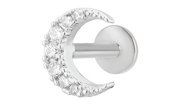 With Bling Silver Coloured Cubic Zirconia Moon Labret Stud 