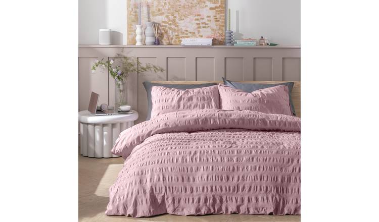 Habitat Seersucker Wide Stripe Lilac Bedding Set - Superking