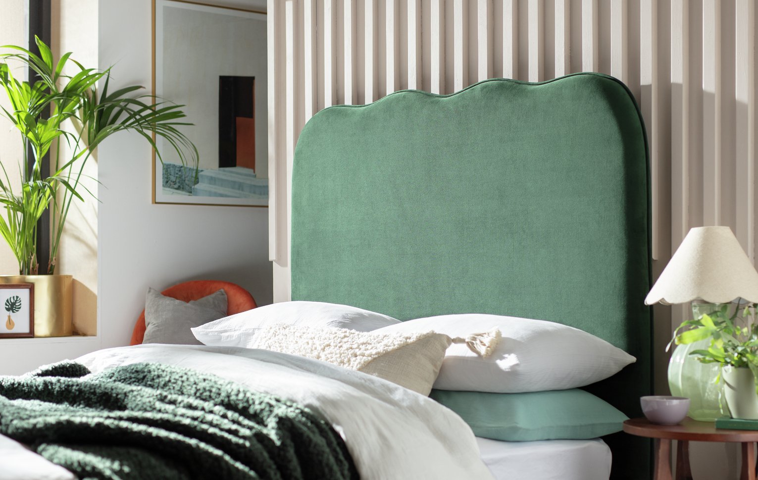 Habitat Onda Tall Velvet Double Headboard - Green