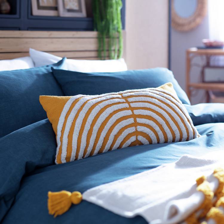 Habitat Geo Tufted Cushion - Yellow & White - 60x30cm 0