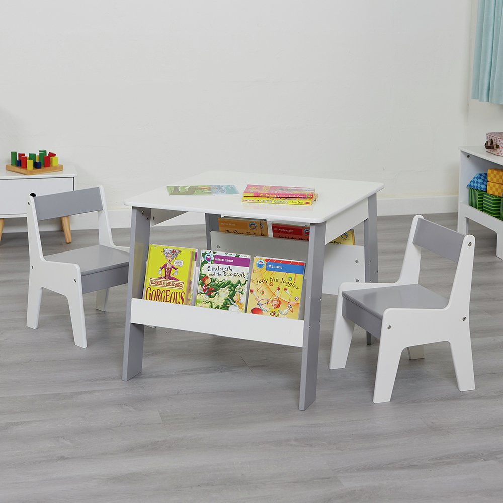 Liberty House  Kids Bookshelf Table & 2 Chairs- White & Grey