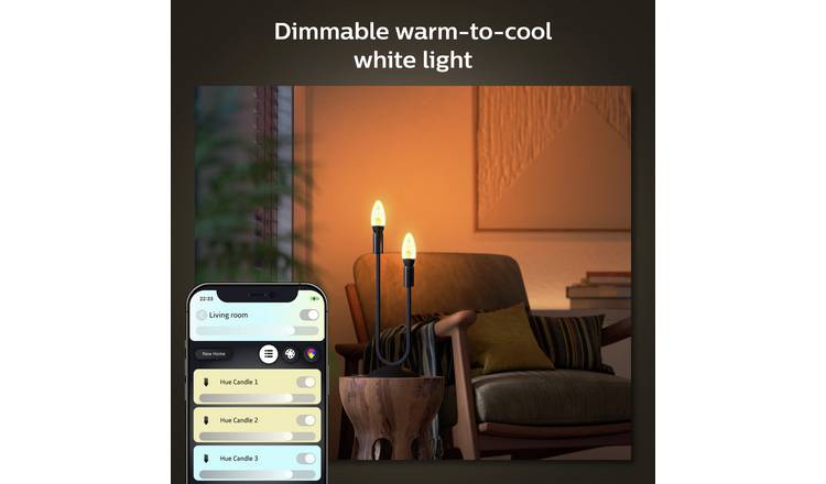 Philips Hue E14 LED Warm white Candle Dimmable Smart Light bulb, Pack of 2