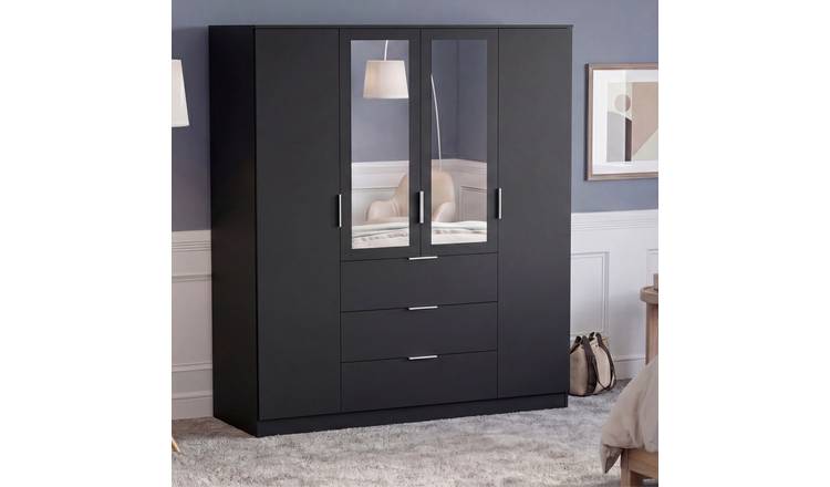 Vida Designs Trega 4 Door 3 Drawer Mirrored Wardrobe - Black