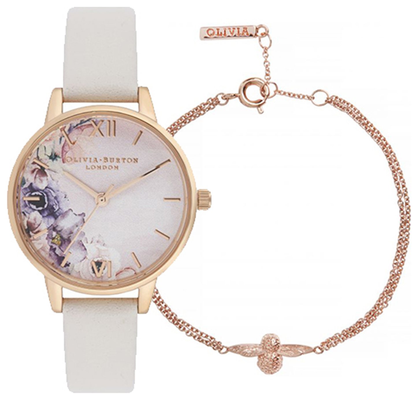Olivia Burton White Floral Watch/Rose Gold Bracelet Gift Set