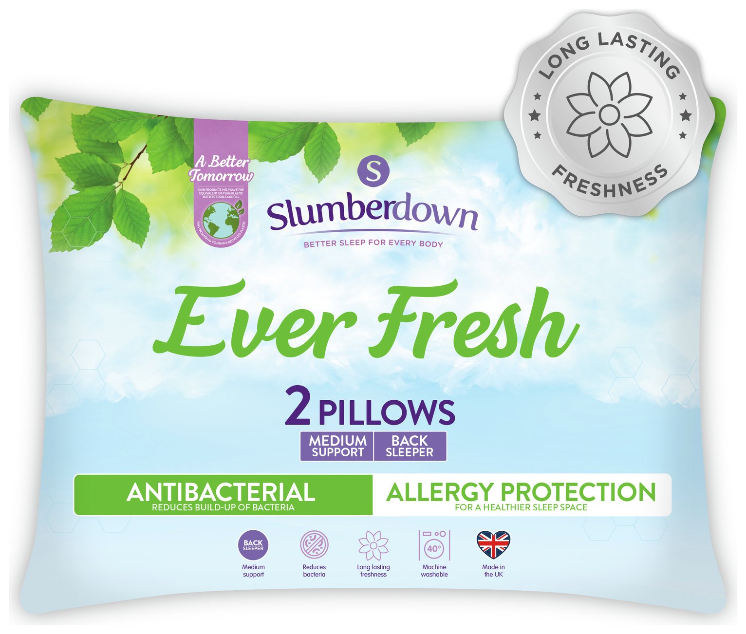 Slumberdown Ever Fresh Anti-Allergy Medium Pillows - 2 Pack