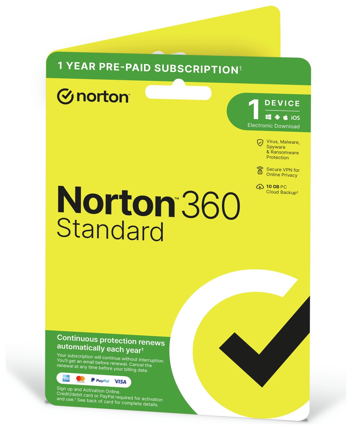 NORTON 360 Standard 1 Device, 1 year auto-renew subscription