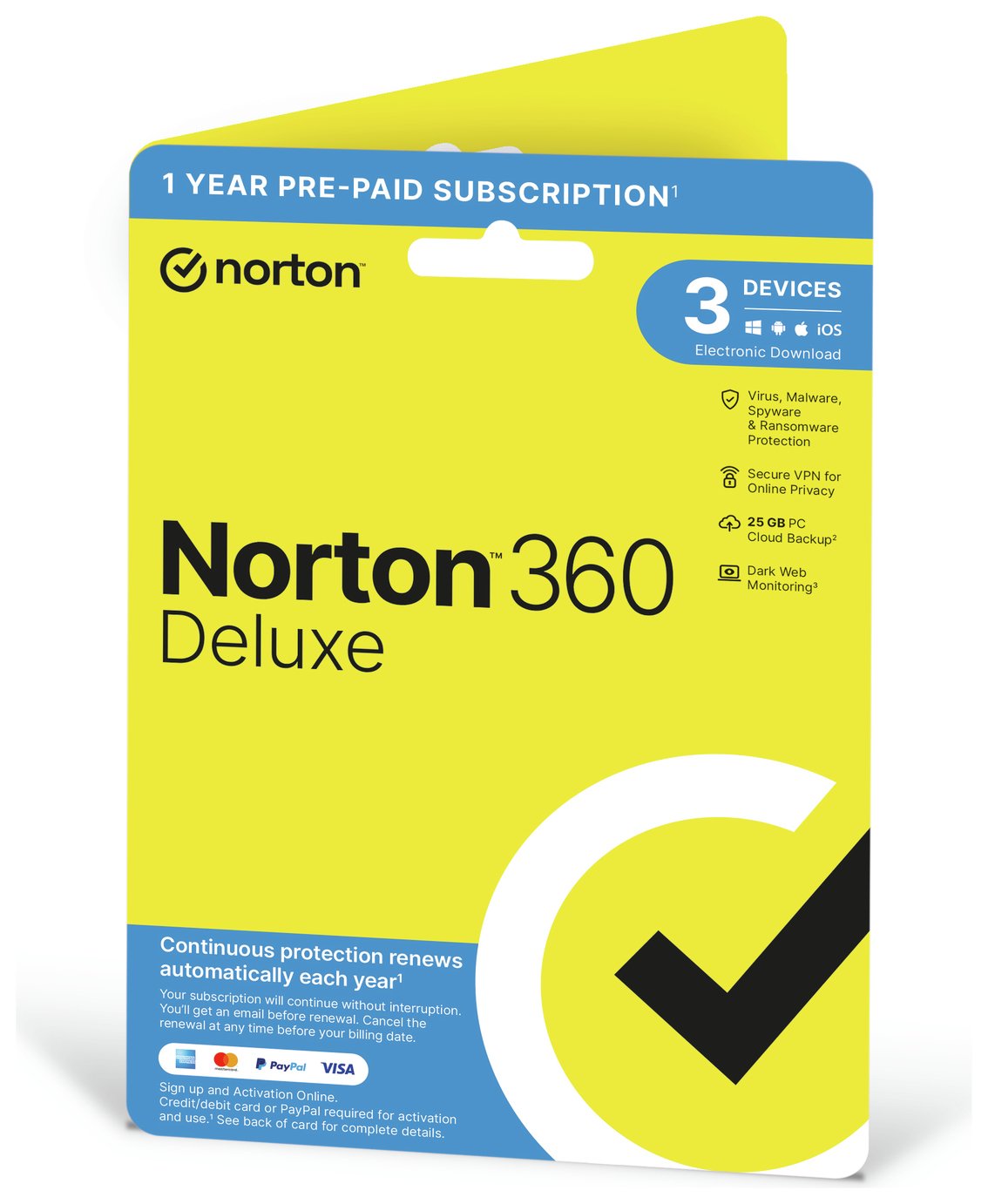 NORTON 360 Deluxe 3 Device, 1 year auto-renew subscription