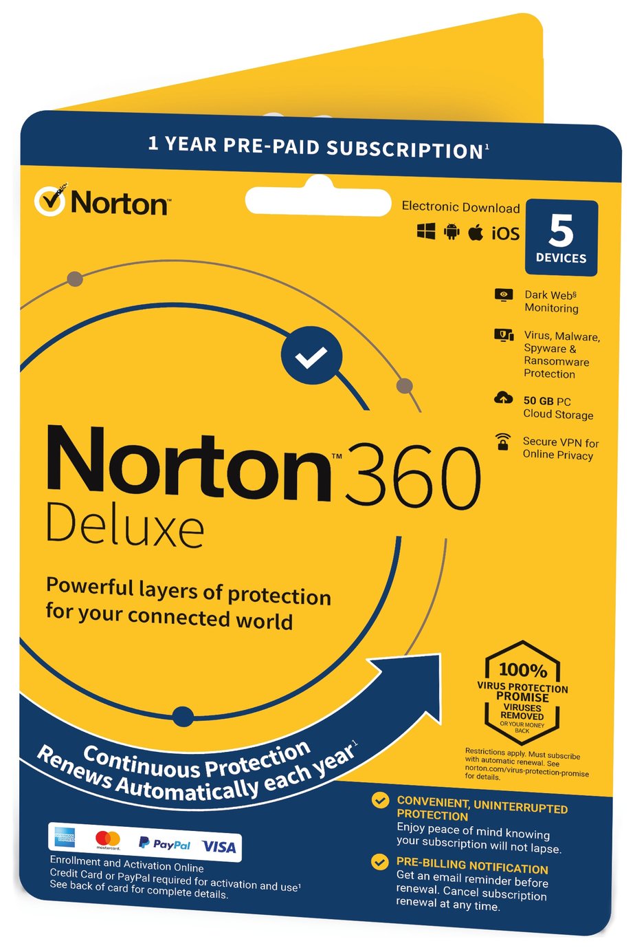 NORTON 360 Deluxe 5 Device, 1 year auto-renew subscription