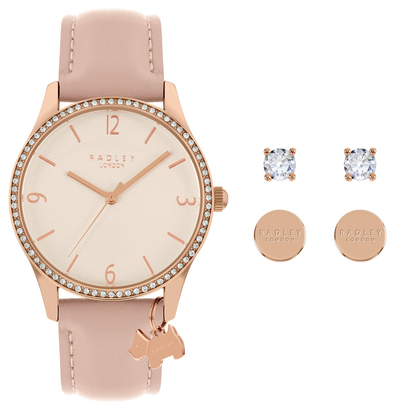 Radley Ladies Pink Leather Strap Watch and Earrings Gift Set