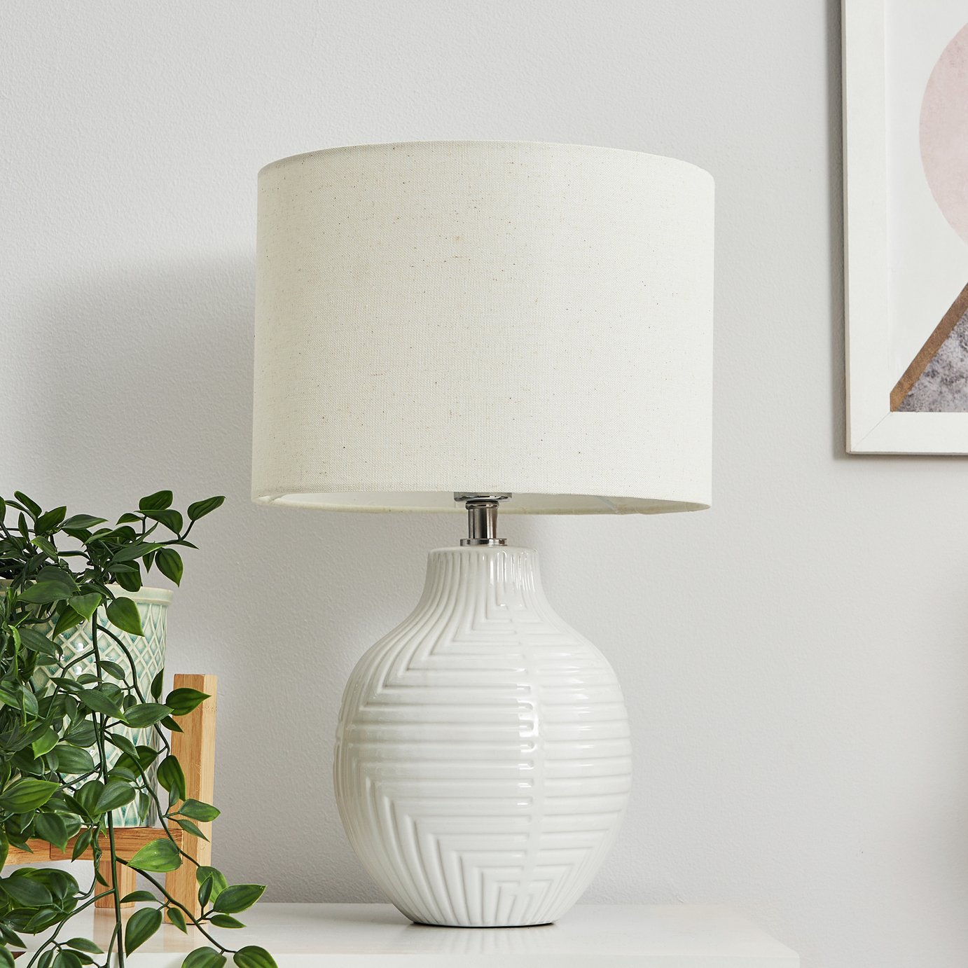 BHS Yan Embossed Ceramic Table Lamp - Natural