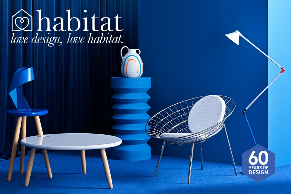 Habitat 60 years of design collaboration collection presented in a blue room.