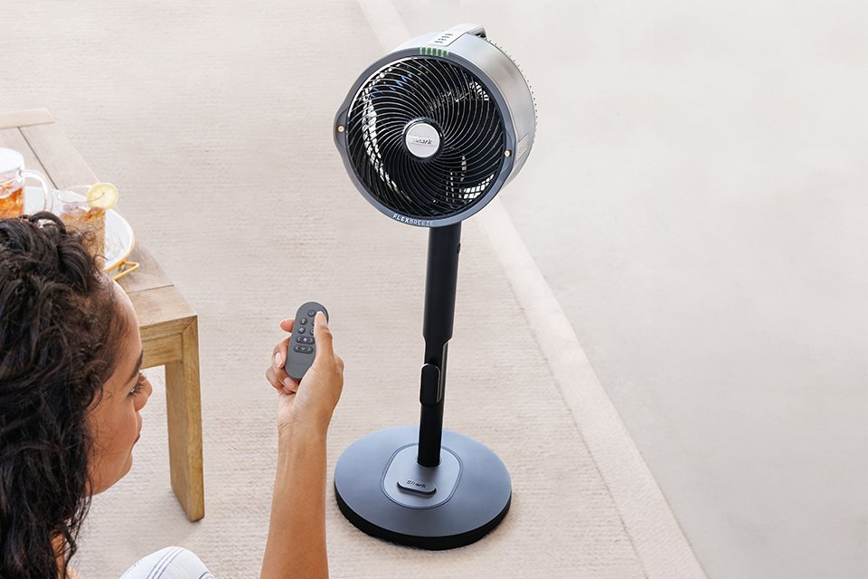 woman remotely controlling a pedestal fan