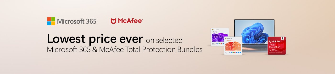 Microsoft 365. McAfee. Lowest price ever on selected Microsoft 365 & McAfee total protection bundles.