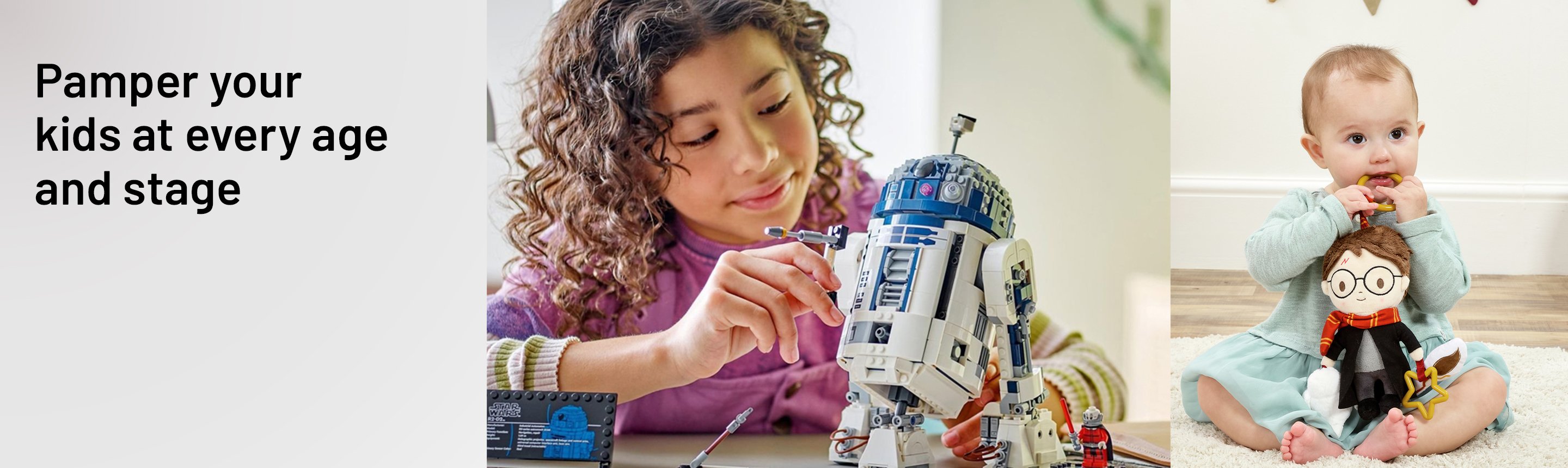 A split image of a girl playing with LEGO Star Wars R2-D2 Model, Buildable Toy Droid Figure on one side and a baby playing with a Harry Potter Activity Toy on the other side.