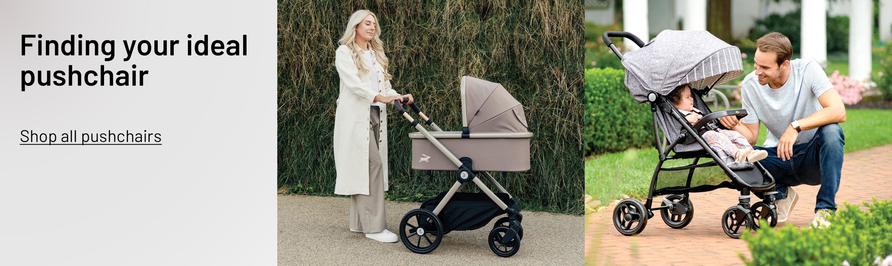 A banner depicting a mother with a Cosatto Giggle 4 Pushchair & Car Seat Travel System - Lollop and a father looking at his baby in a grey 4 wheel stroller.