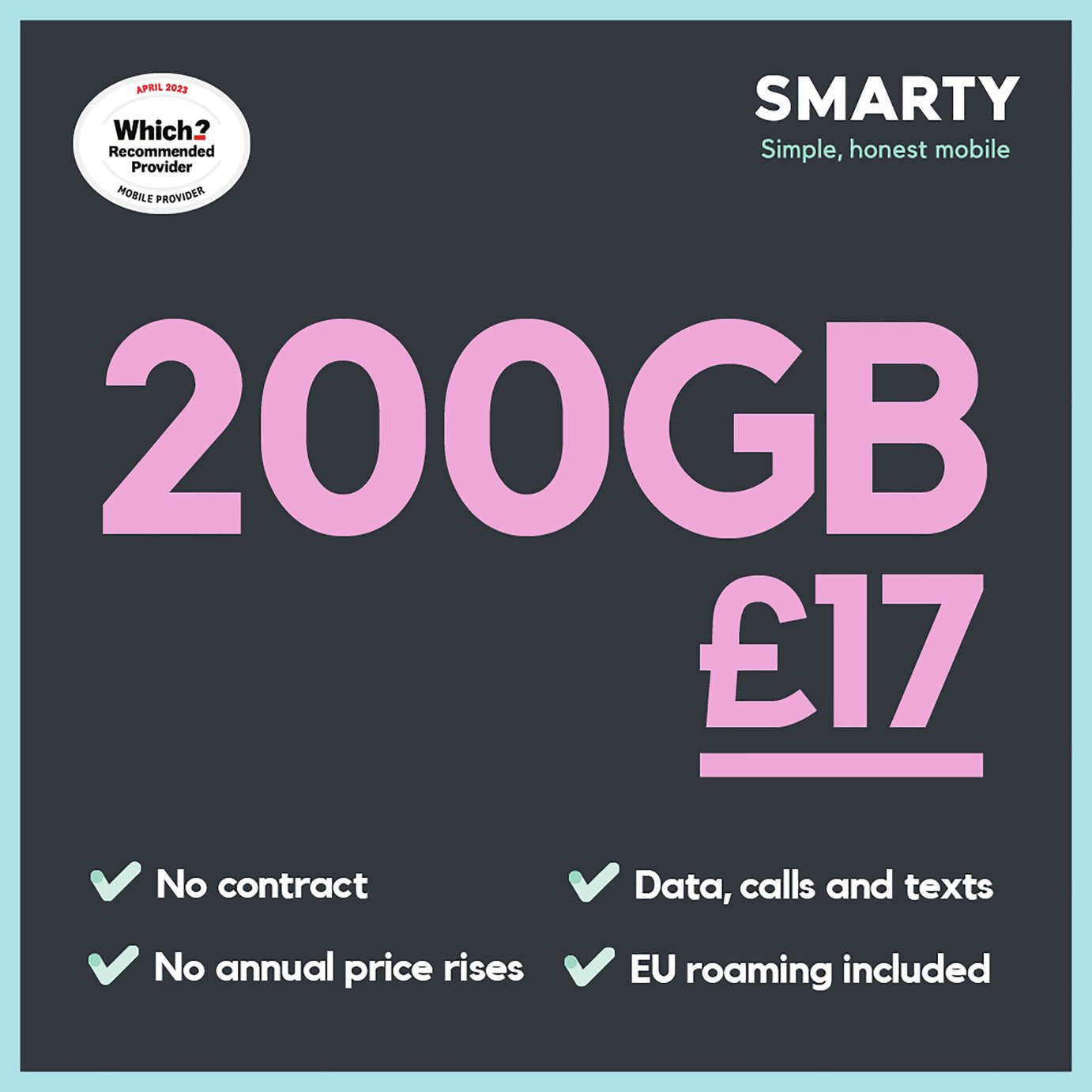 SMARTY 200GB 30 Day Pay As You Go Sim Card