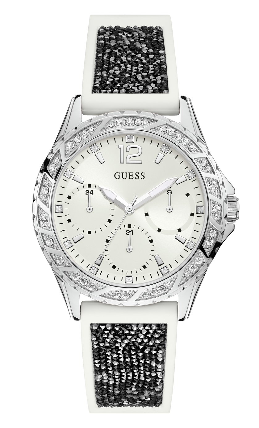 Guess Ladies White Silicone Crystal Set Strap Watch