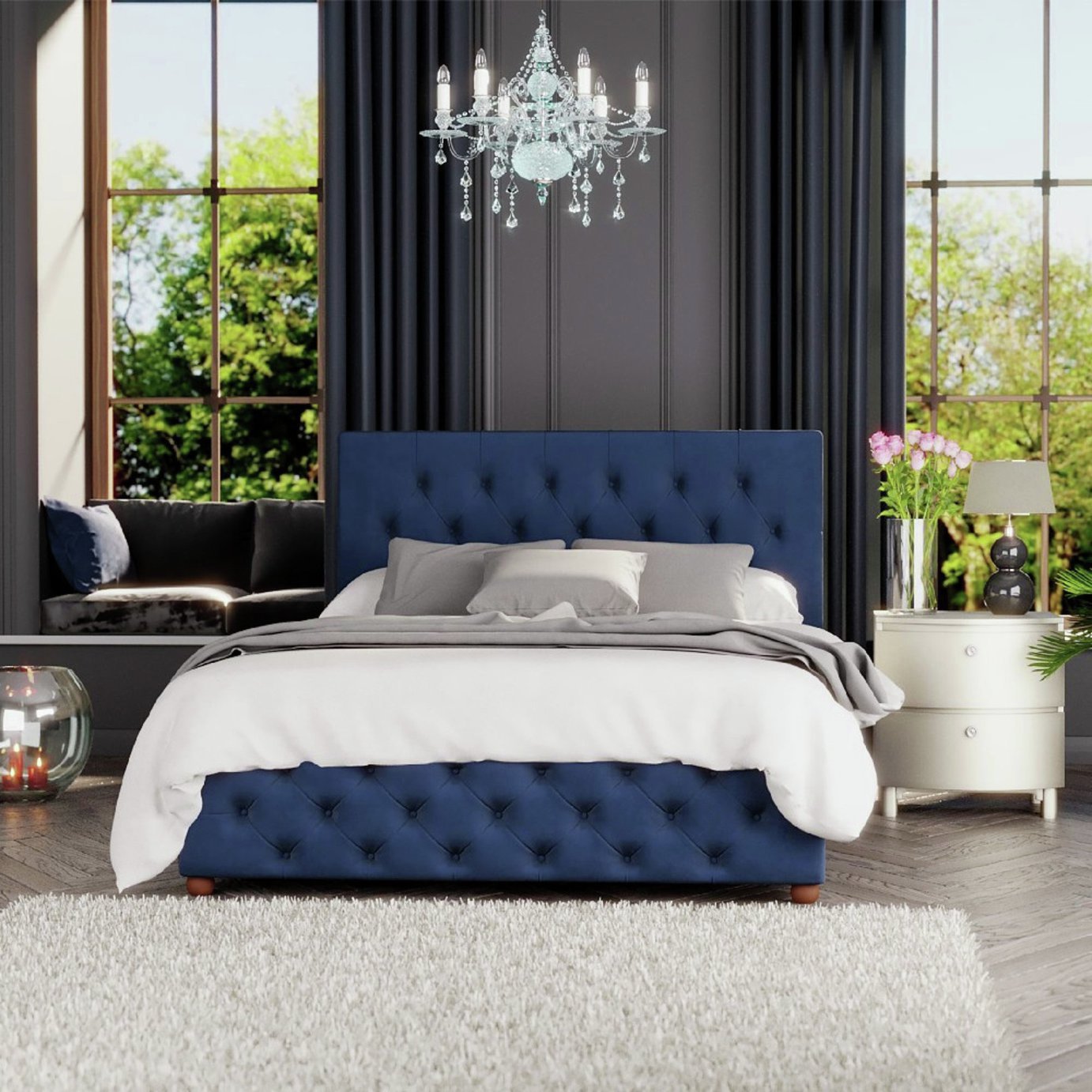 LLB Luna Velvet Superking Ottoman Bedframe - Navy