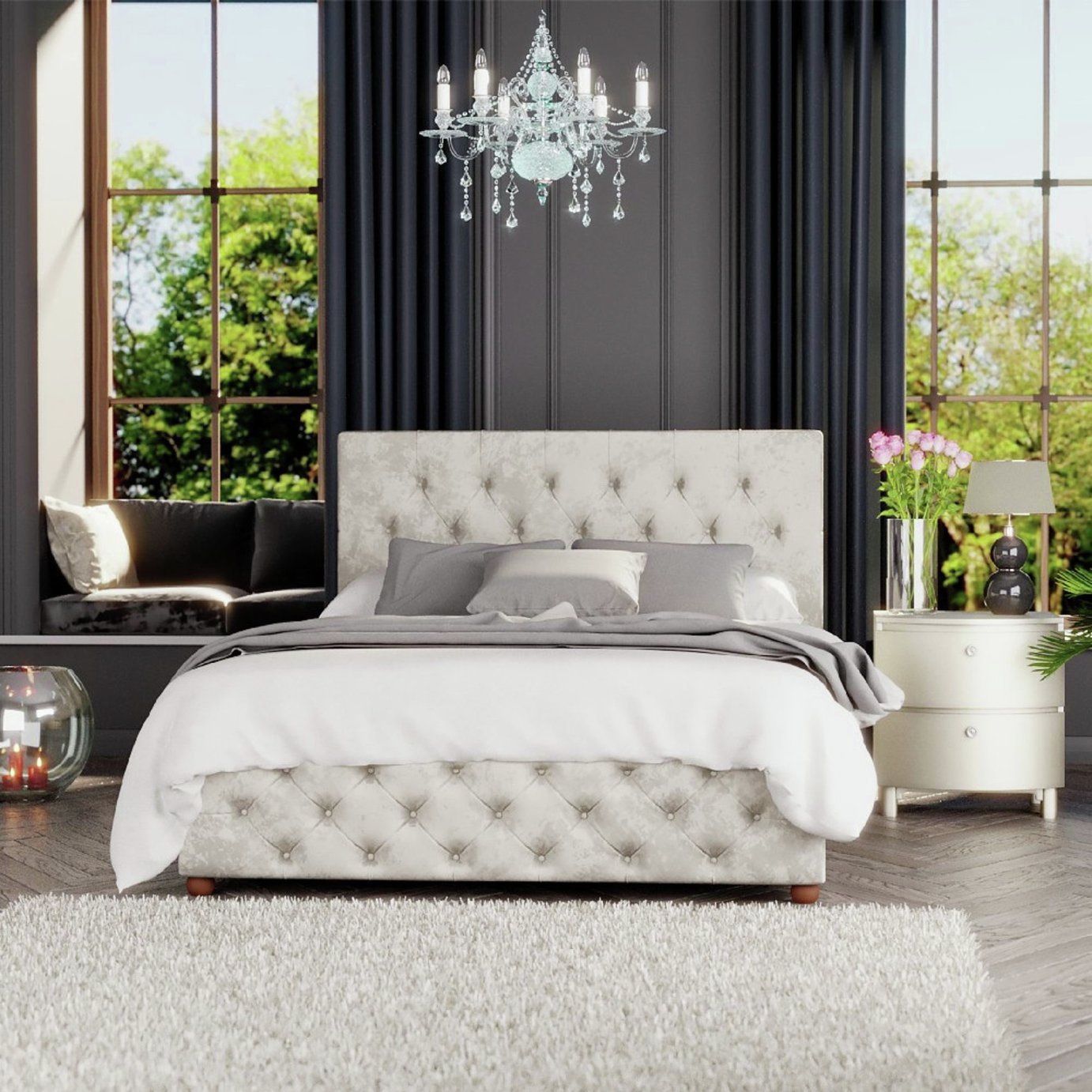 LLB Luna Velvet Small Double Ottoman Bedframe - Pearl