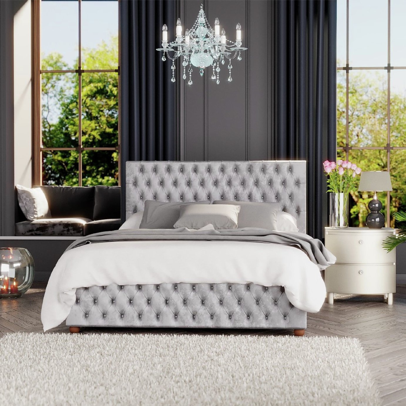 LLB Seren Velvet Double Ottoman Bedframe - Silver