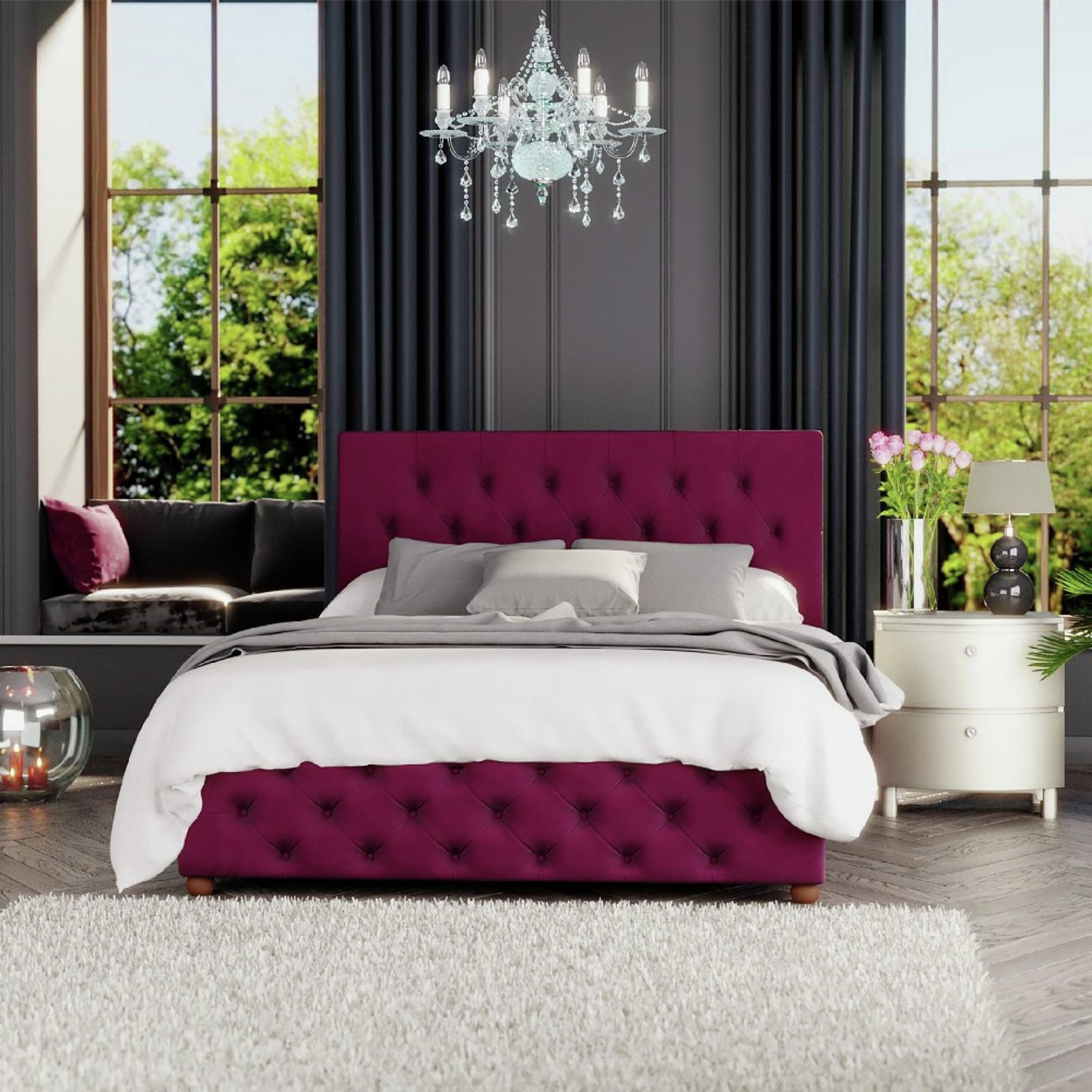 LLB Luna Velvet Double Ottoman Bedframe - Berry