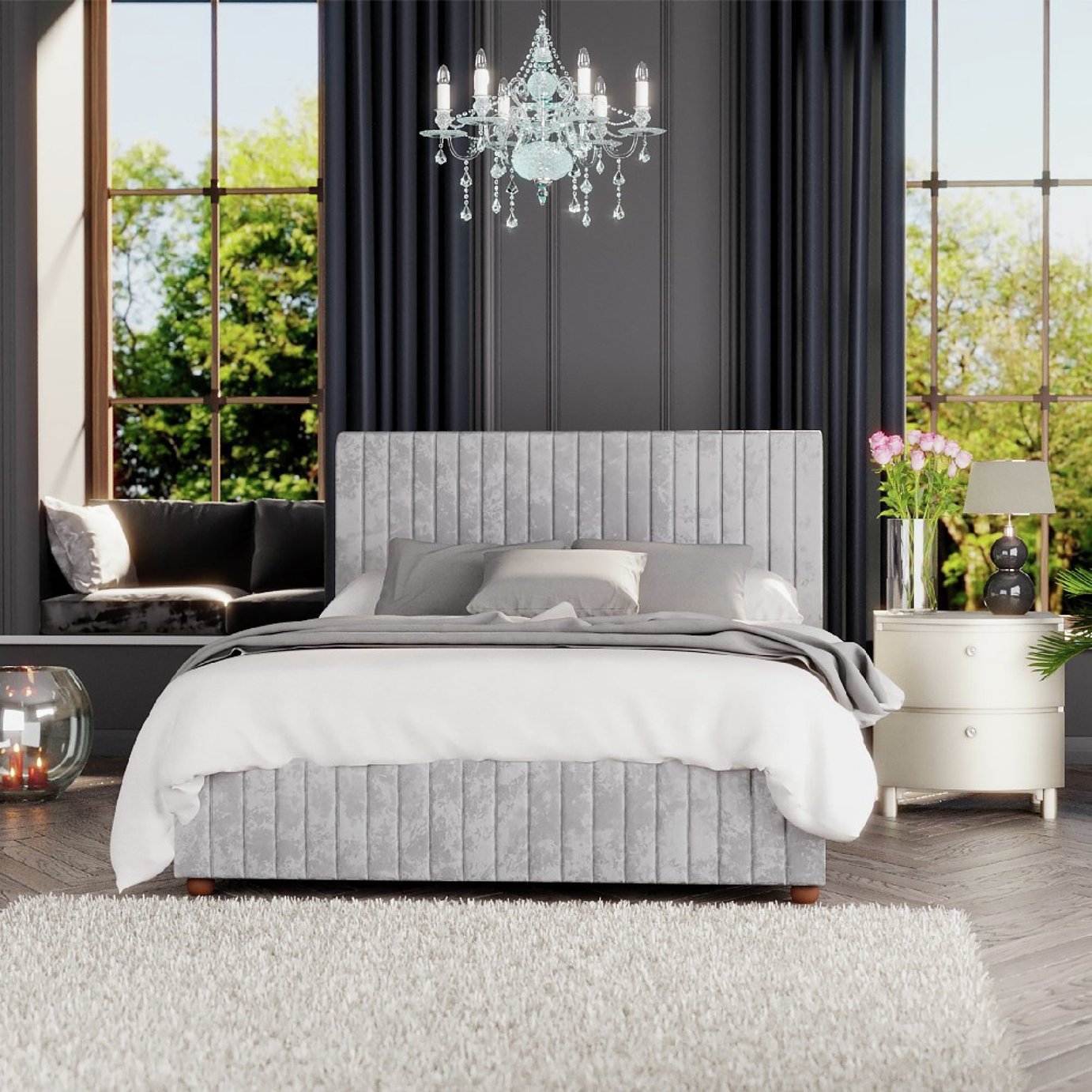 LLB Estella Velvet Small Double Ottoman Bedframe - Silver