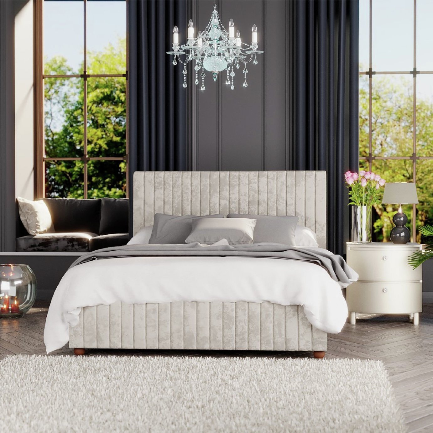 LLB Estella Velvet Small Double Ottoman Bedframe - Pearl