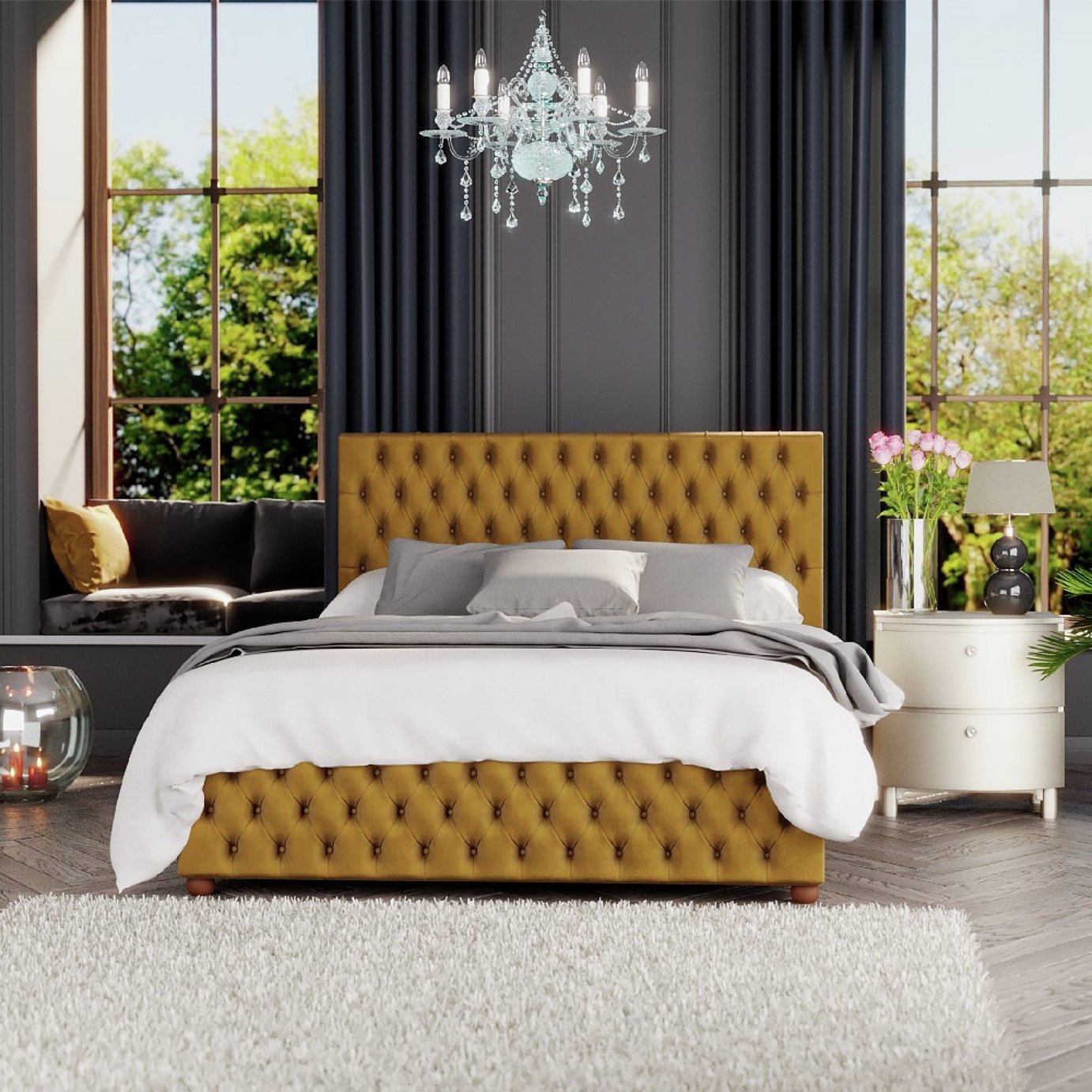 LLB Seren Velvet Double Ottoman Bedframe - Ochre