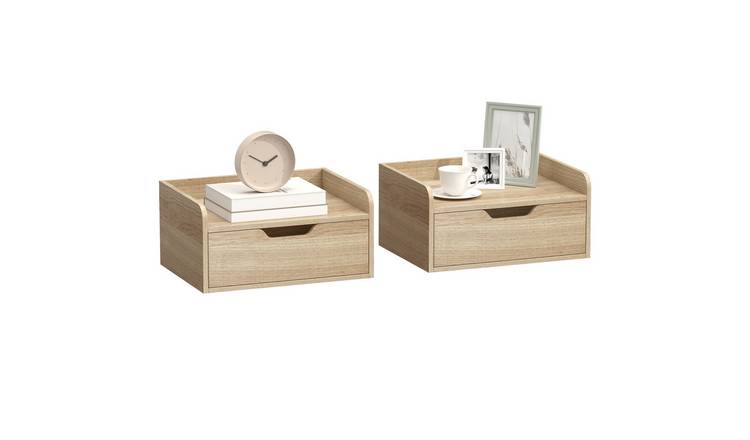 HOMCOM Set of 2 Floating Nightstand with Storage Drawer - Natural Wood