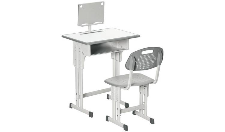 HOMCOM Adjustable with Drawer Book Stand Pen Slot Kid Desk and Chair Set - Grey