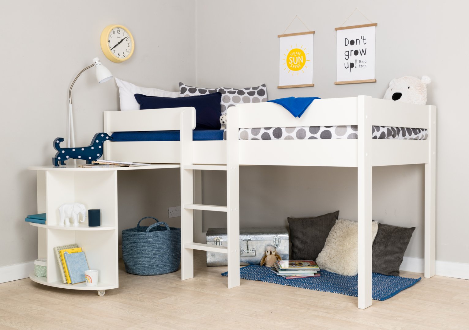 Stompa White Mid Sleeper Bed, Desk & Mattress