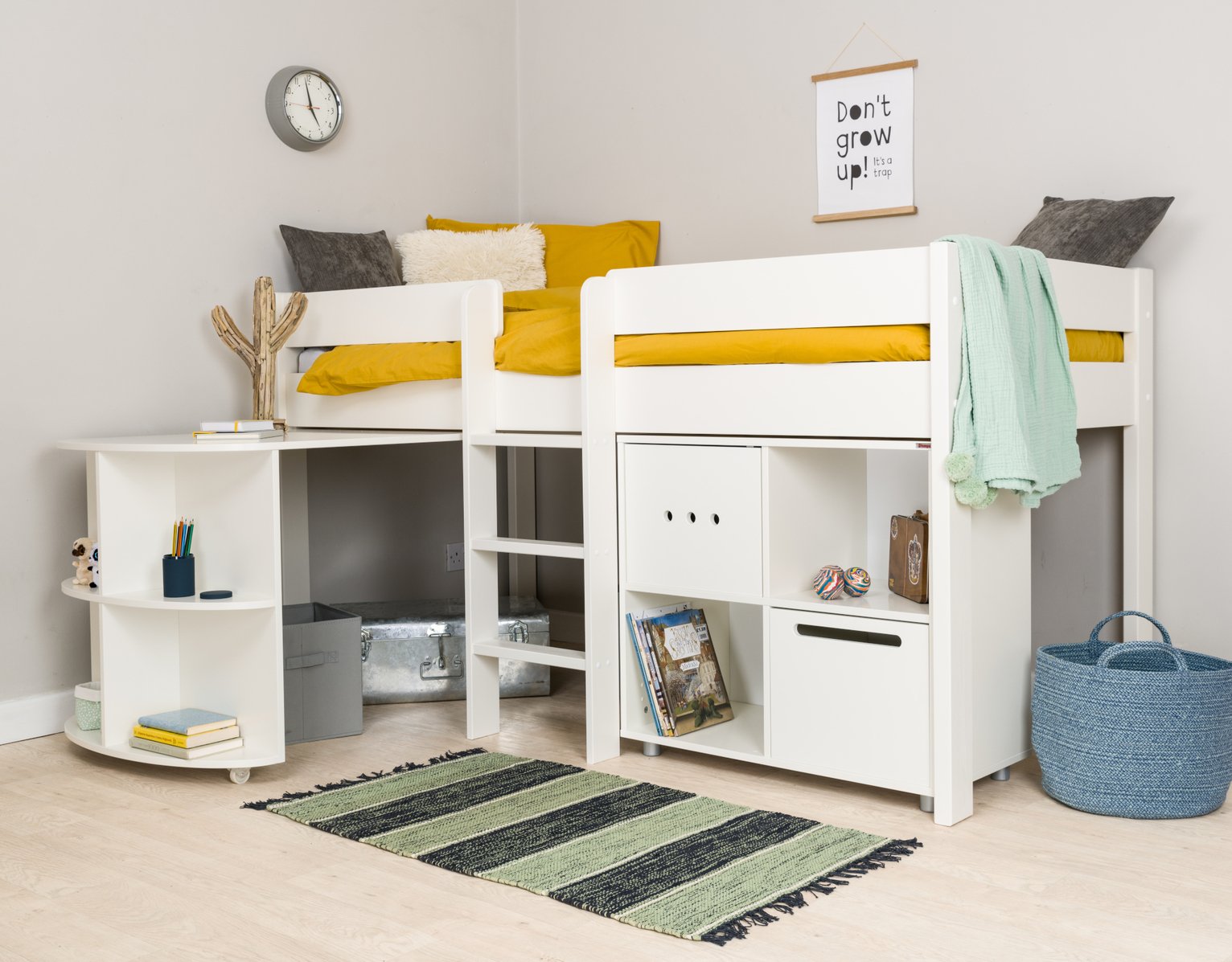 Stompa White Mid Sleeper Bed Frame, Desk & Cube Unit