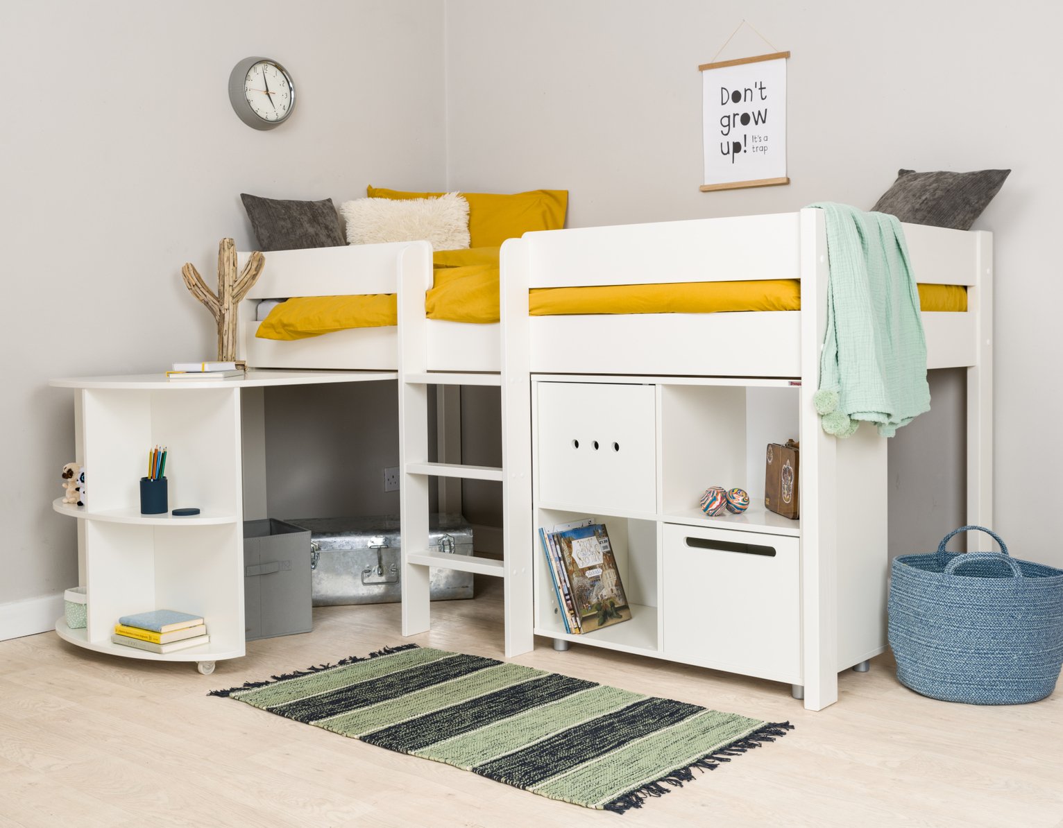 Stompa Mid Sleeper Bed, Desk, Cube Unit & Mattress
