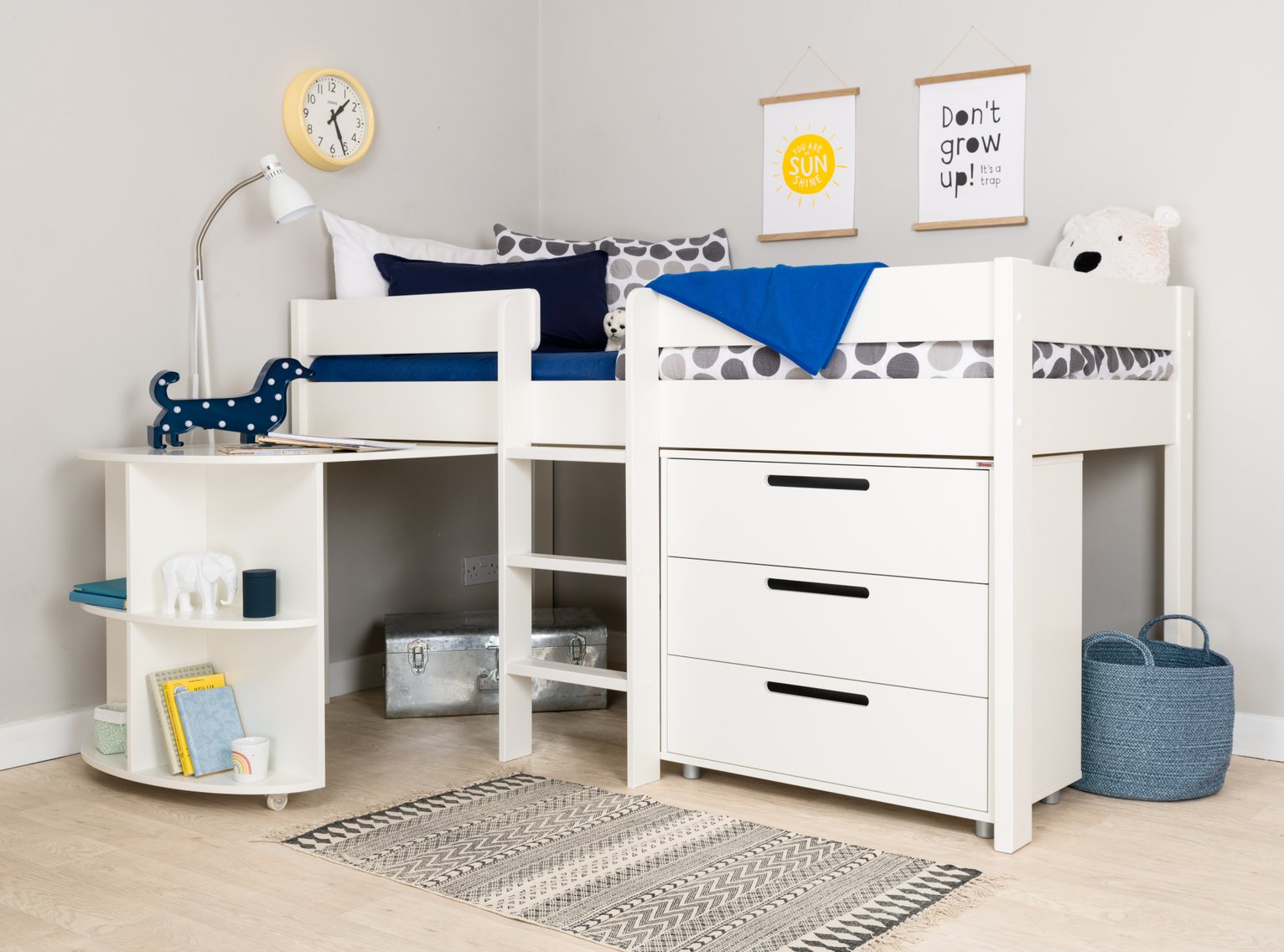 Stompa White Mid Sleeper Bed Frame, Desk & Chest