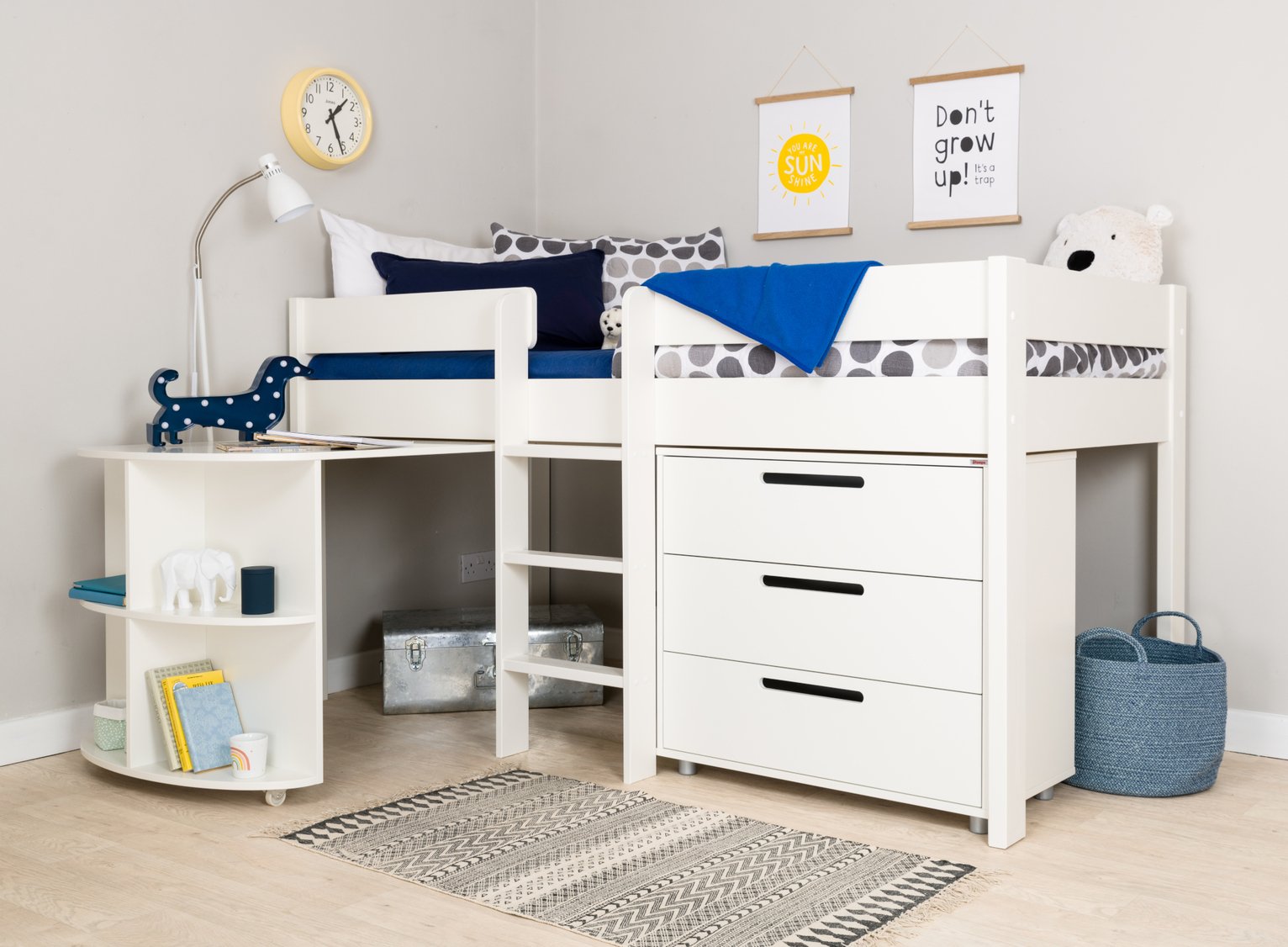 white mid sleeper bed with desk