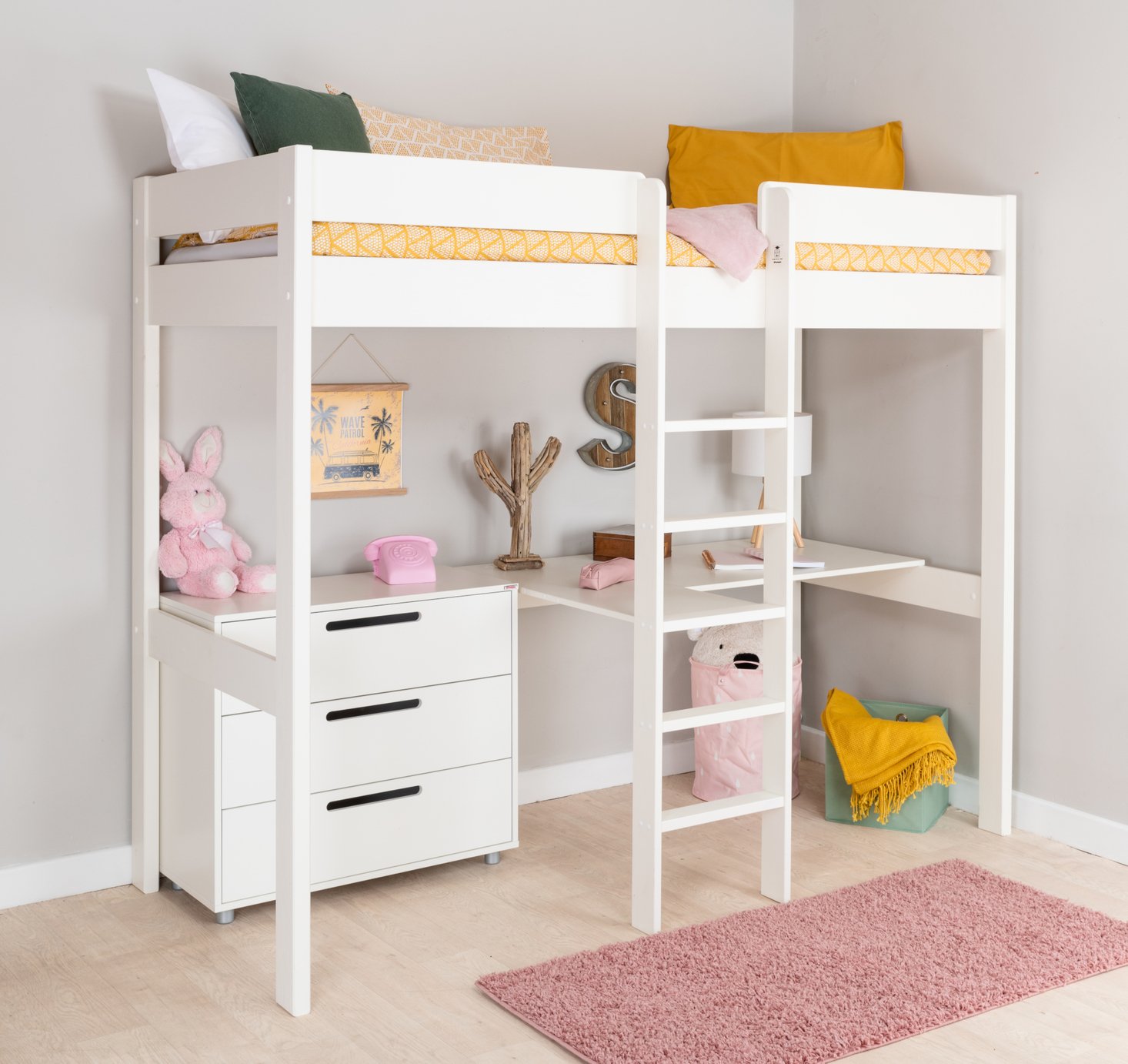 Stompa White High Sleeper Bed Frame, Desk & Chest