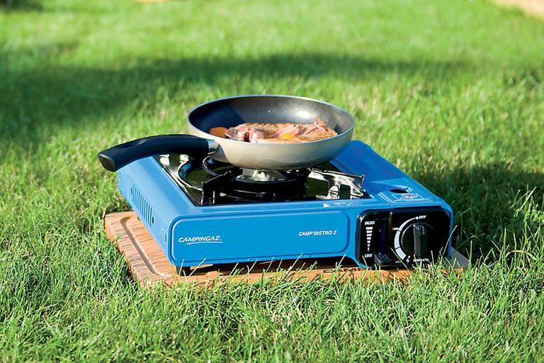Blue portable camping stove.